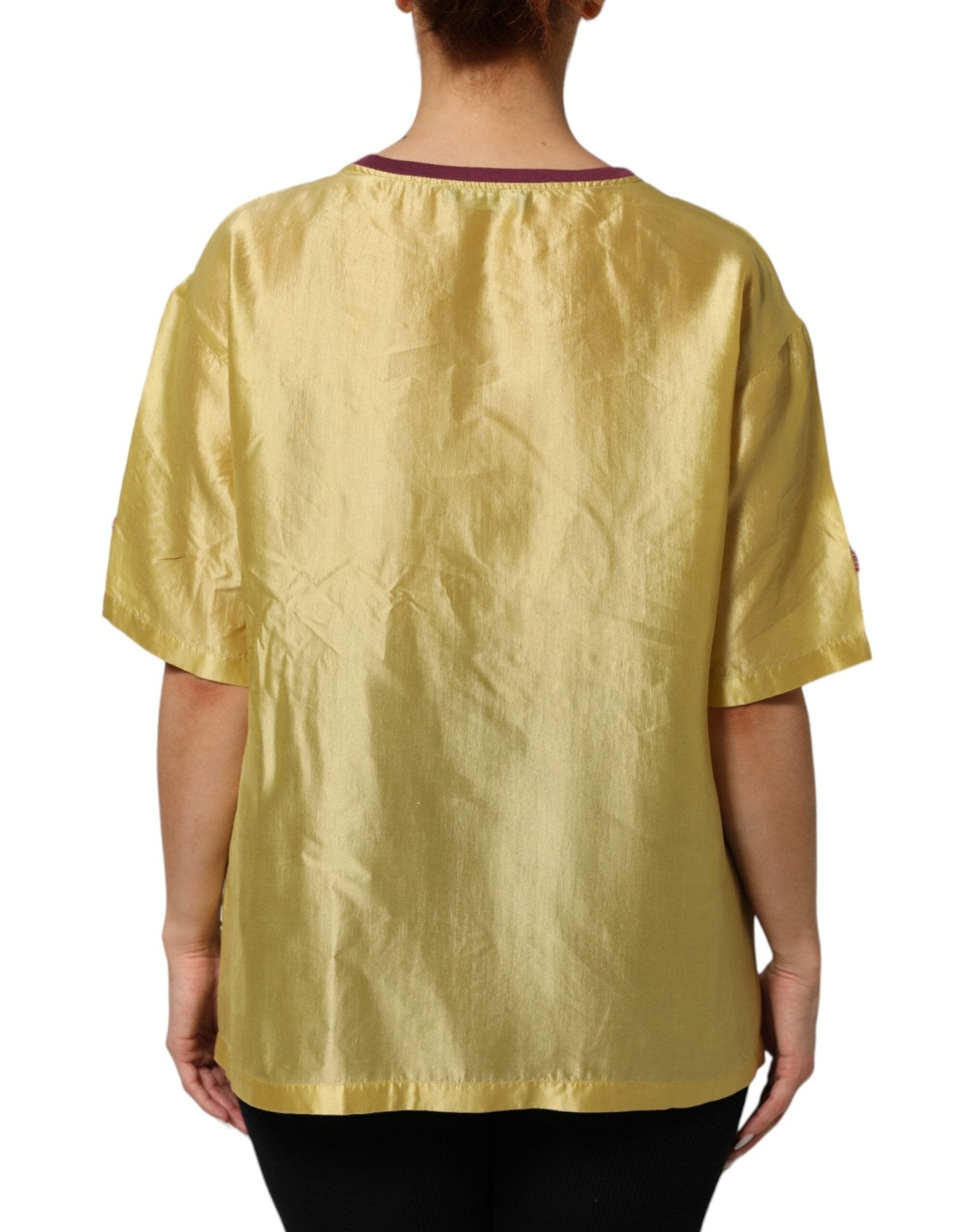 Dolce & Gabbana Yellow Silk Satin Floral Lace Short Sleeves Top - RIMODA