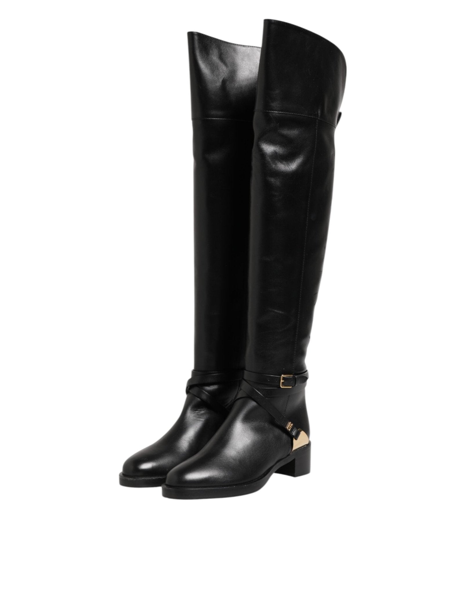Elisabetta Franchi Black Leather Buckled High Boots Shoes - RIMODA