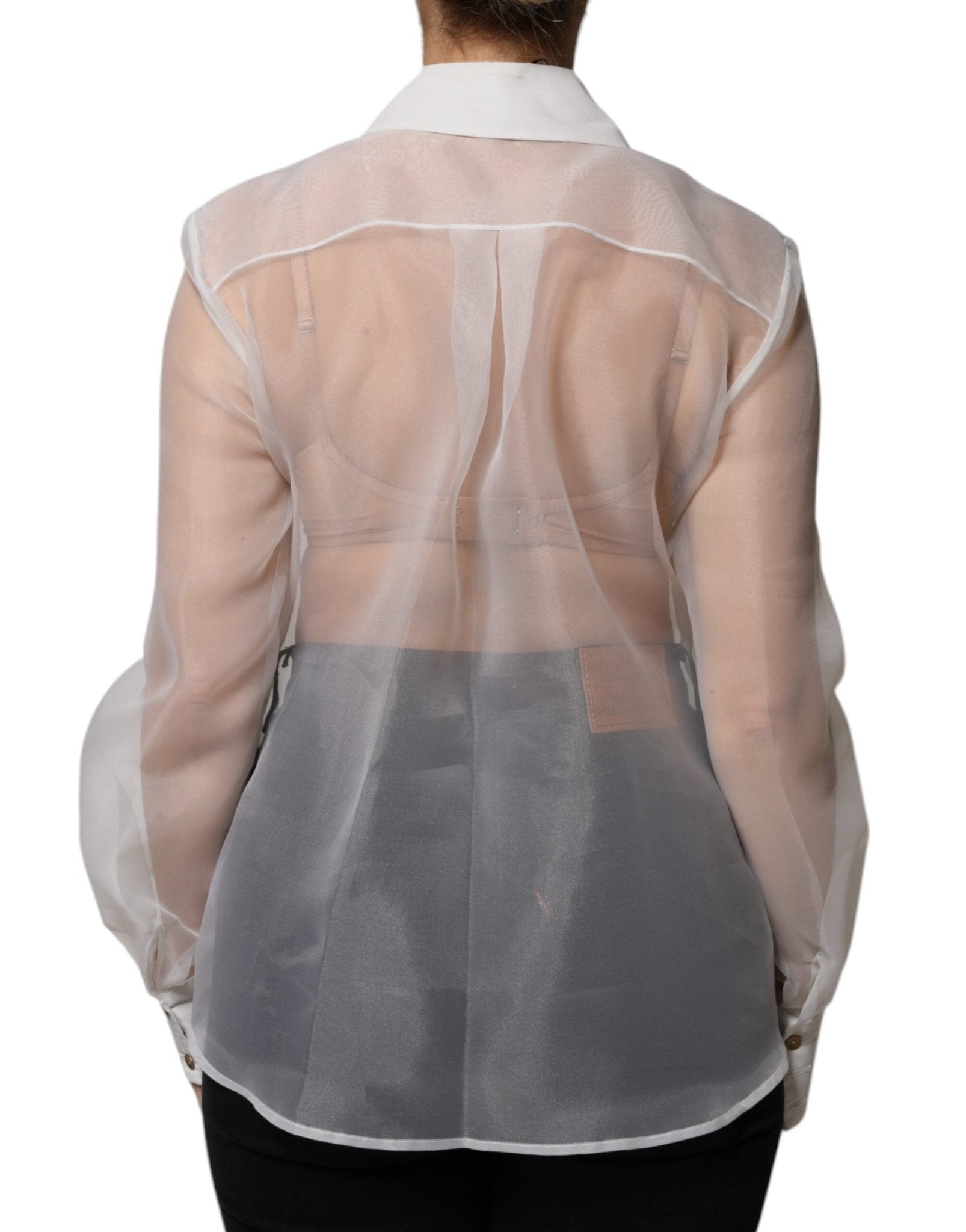 Elisabetta Franchi White Sheer Collared Buttoned Long Sleeves Top - RIMODA