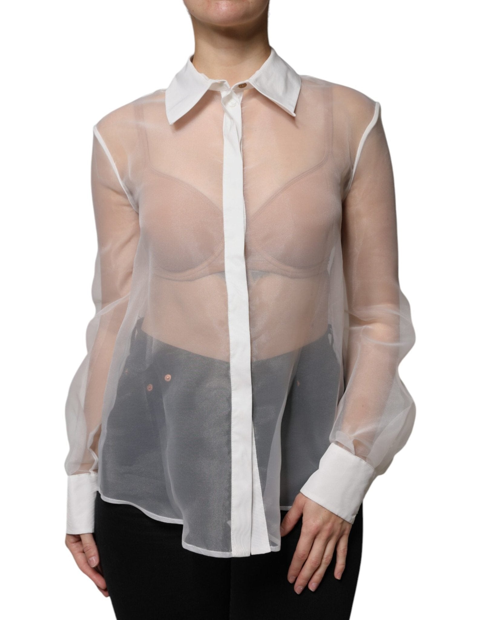 Elisabetta Franchi White Sheer Collared Buttoned Long Sleeves Top - RIMODA