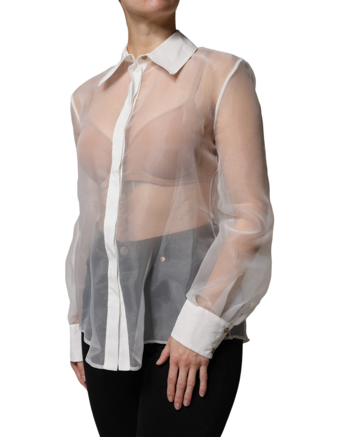 Elisabetta Franchi White Sheer Collared Buttoned Long Sleeves Top - RIMODA