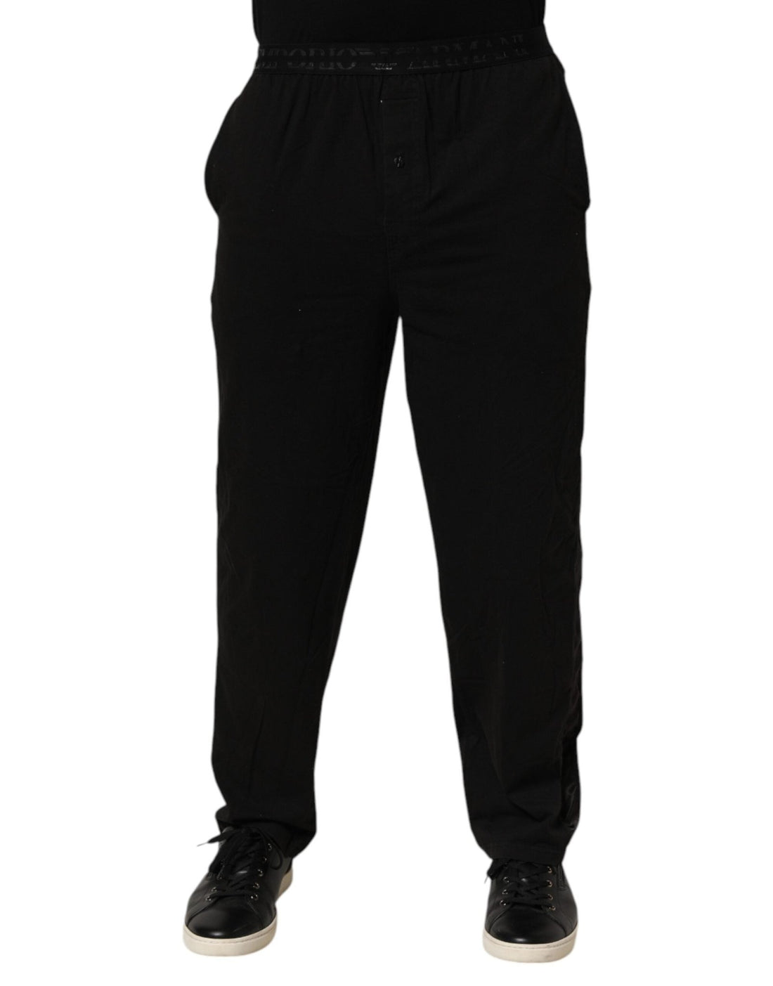 Emporio Armani Black Cotton Blend Logo Waistband Trouser Pants - RIMODA