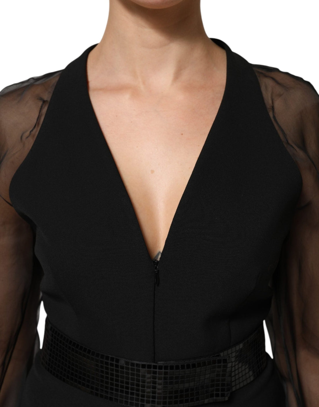 Emporio Armani Black Sheer Sleeve Belted V-Neck Mini Dress - RIMODA