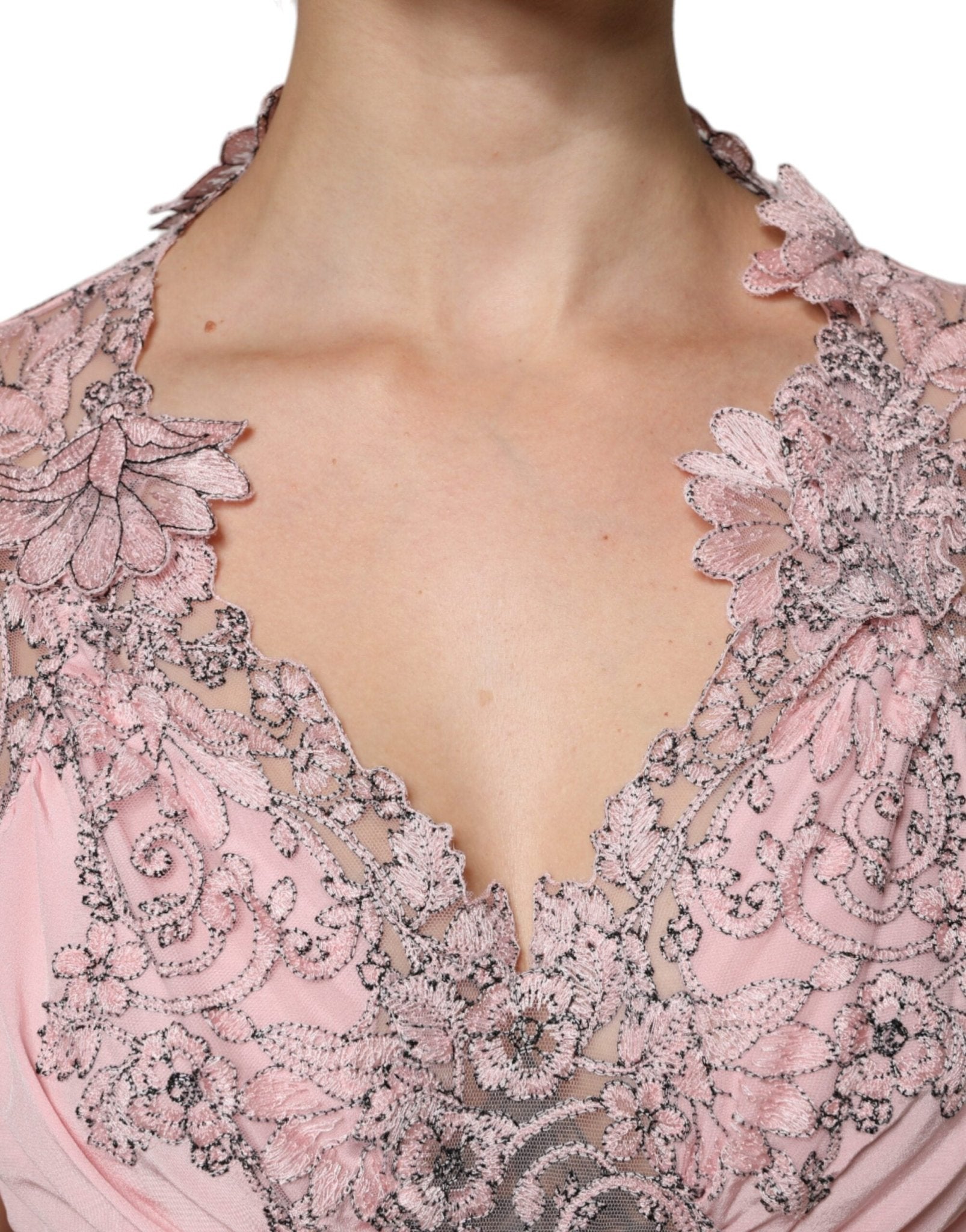 Ermanno Scervino Pink Floral Lace Short Sleeves V-neck Midi Dress - RIMODA