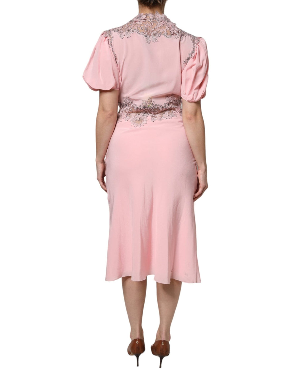 Ermanno Scervino Pink Floral Lace Short Sleeves V-neck Midi Dress - RIMODA