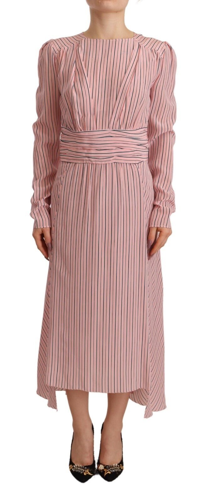 Ermanno Scervino Pink Stripes Long Sleeves Sheath Midi Dress - RIMODA