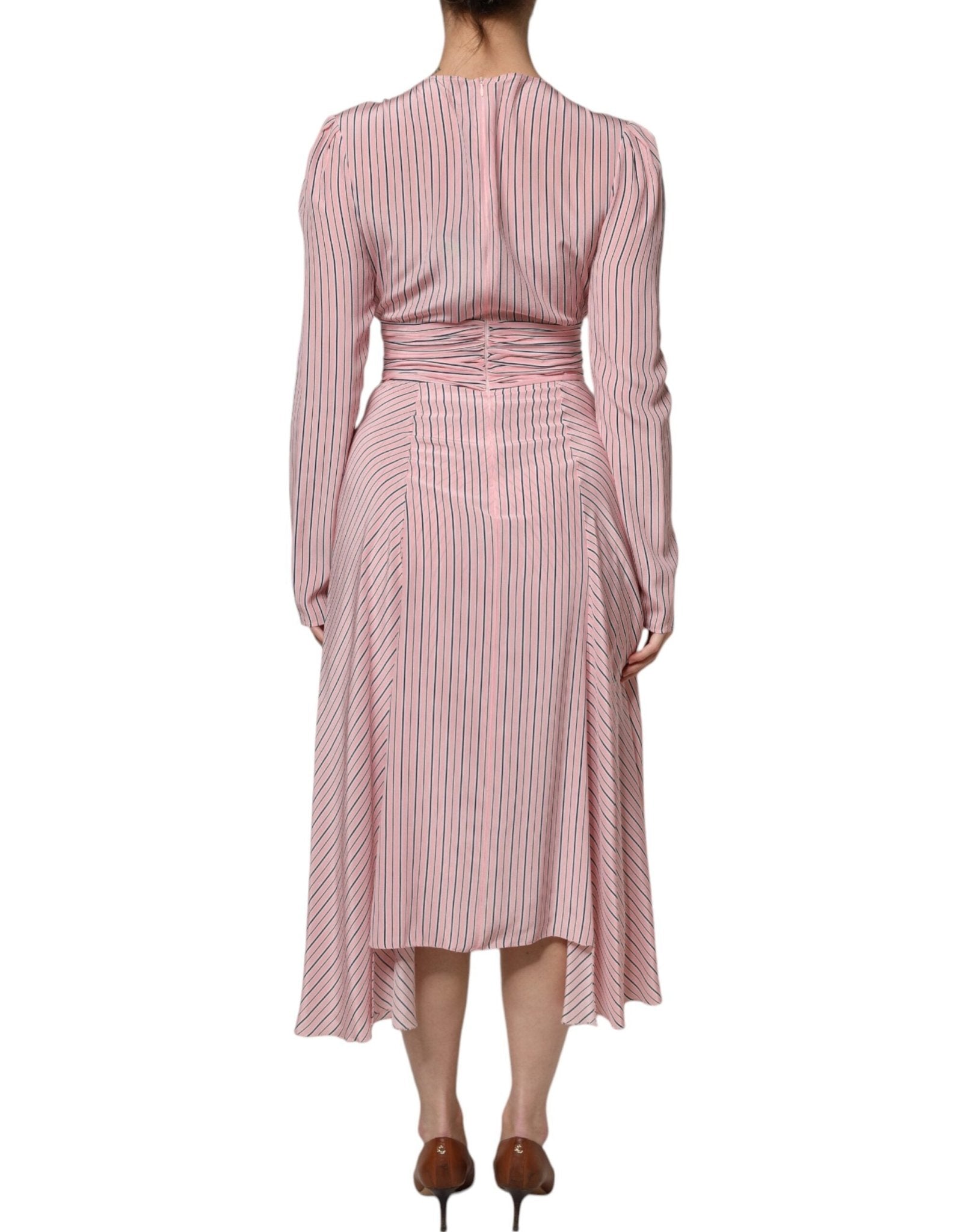 Ermanno Scervino Pink Stripes Silk Long Sleeves Midi Dress - RIMODA