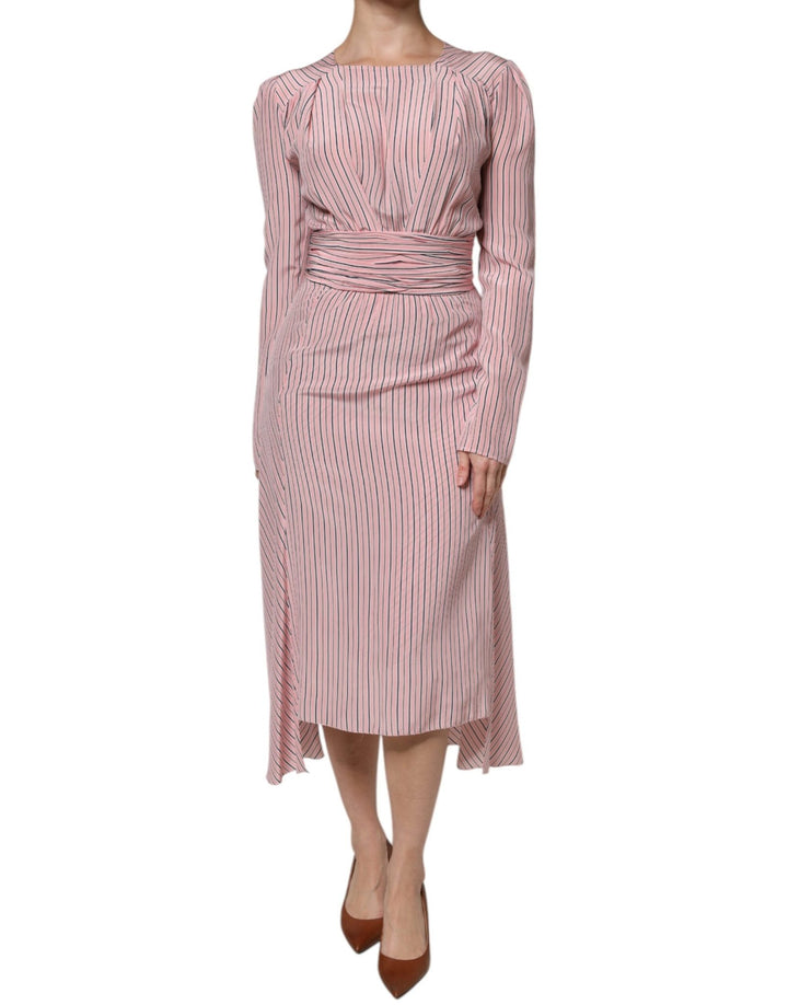 Ermanno Scervino Pink Stripes Silk Long Sleeves Midi Dress - RIMODA