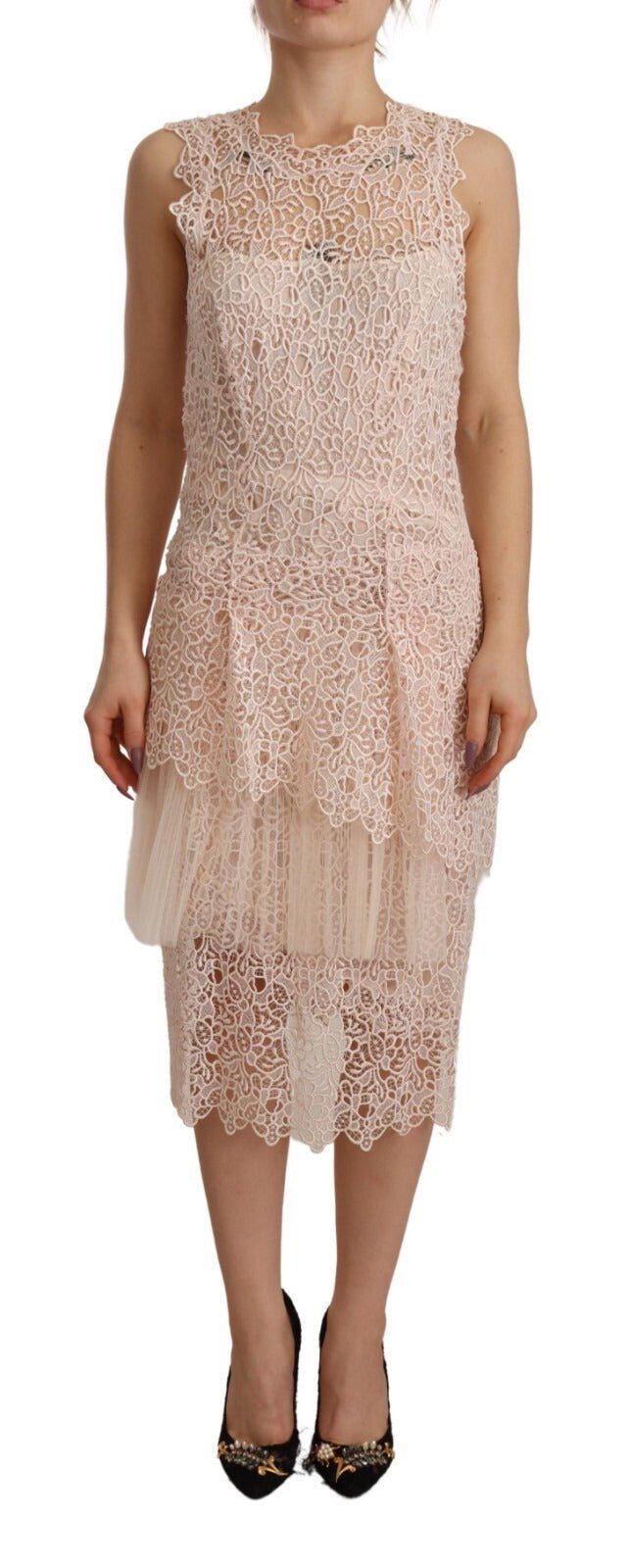 Ermanno Scervino Sheath Tiered Beige Viscose Sleeveless Midi Dress - RIMODA