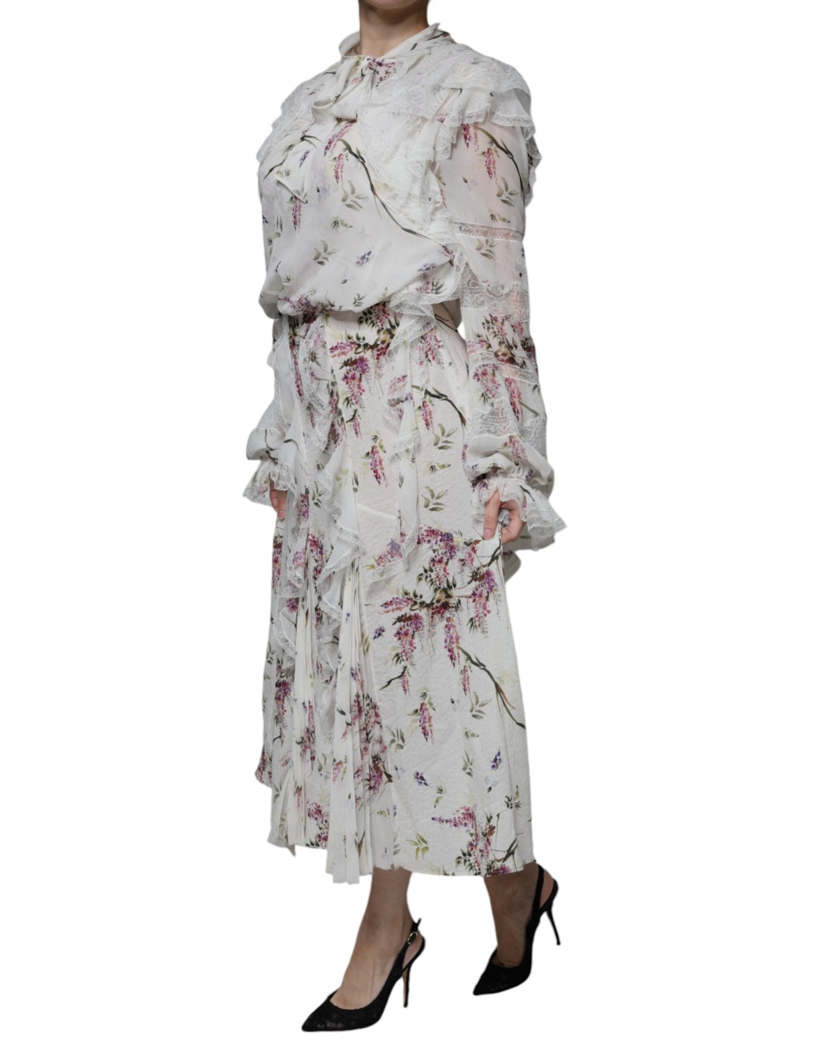 Ermanno Scervino White Floral Ruffles Lace Long Sleeves Maxi Dress - RIMODA