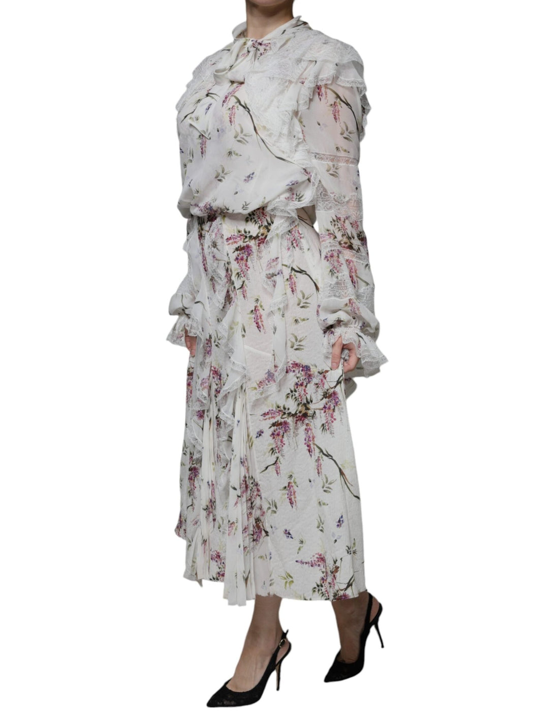 Ermanno Scervino White Floral Ruffles Lace Long Sleeves Maxi Dress - RIMODA