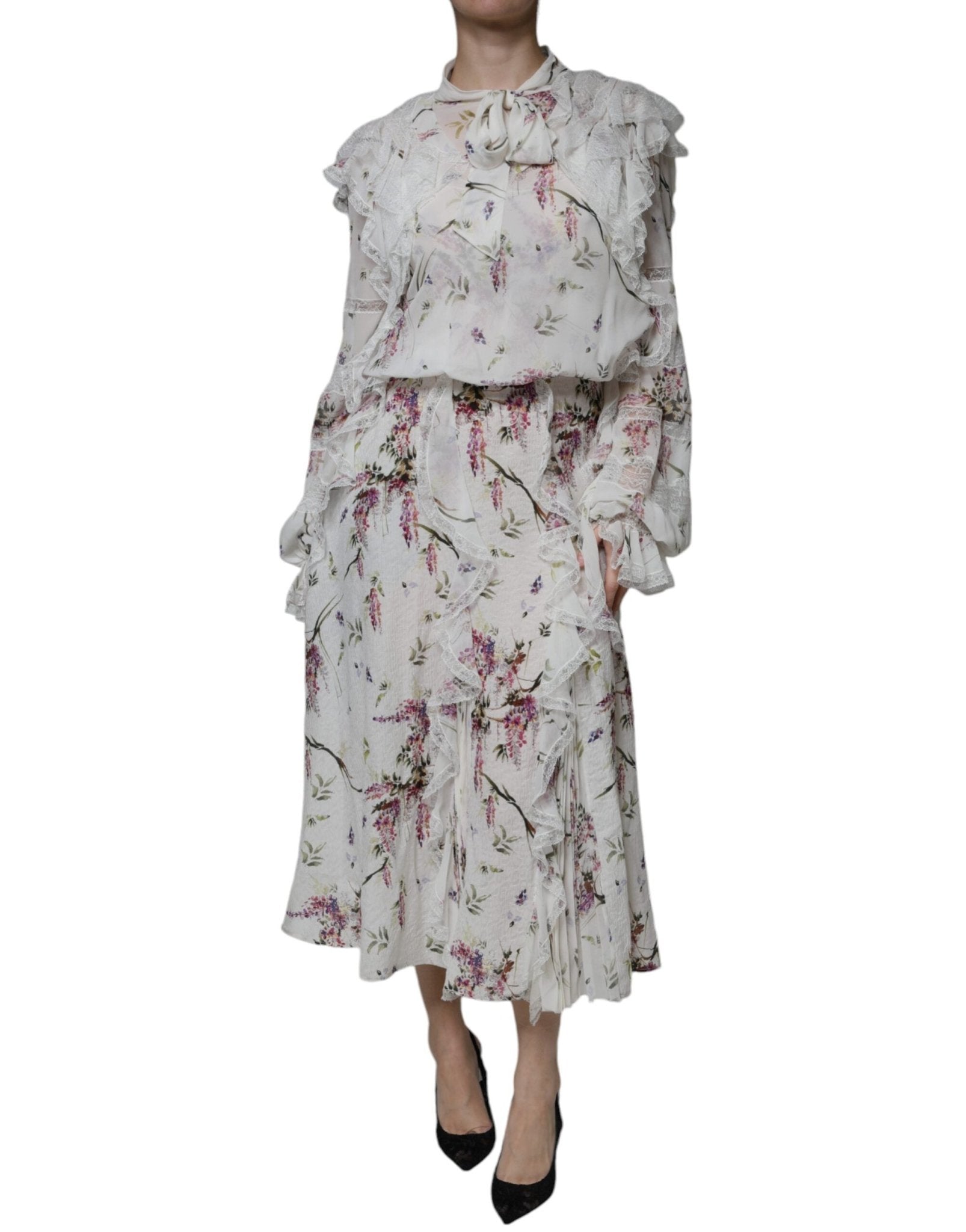 Ermanno Scervino White Floral Ruffles Lace Long Sleeves Maxi Dress - RIMODA