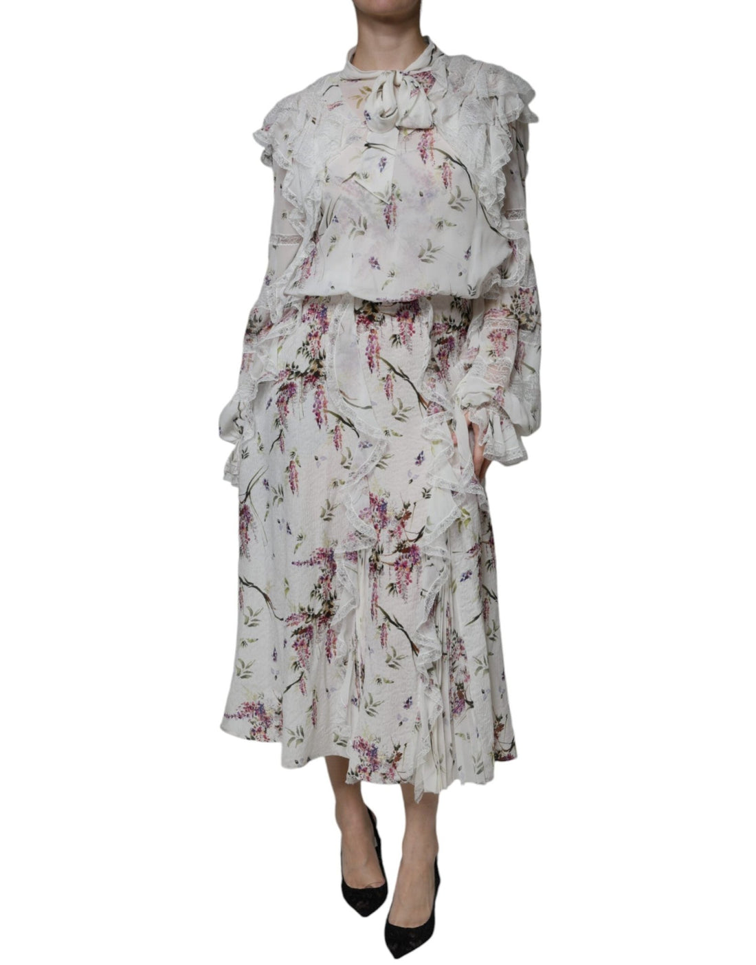 Ermanno Scervino White Floral Ruffles Lace Long Sleeves Maxi Dress - RIMODA