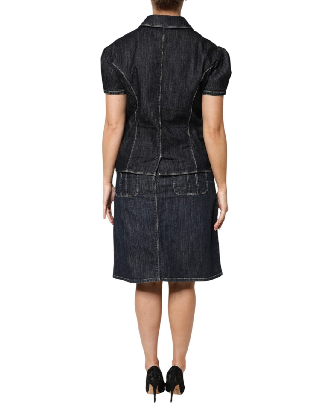 Escada Black Cotton Blend Denim Top Skirt Casual Set - RIMODA