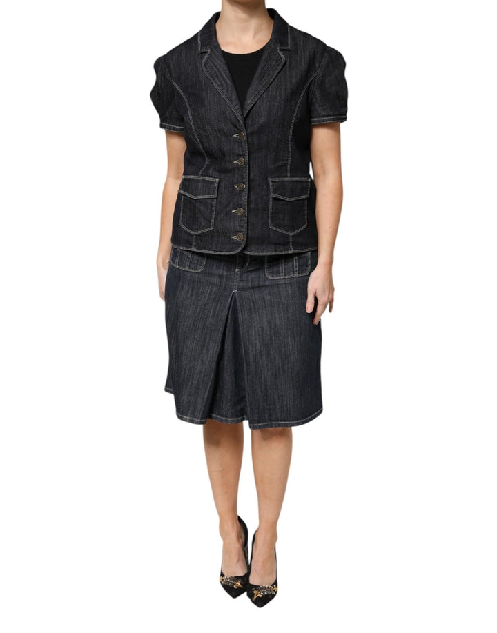 Escada Black Cotton Blend Denim Top Skirt Casual Set - RIMODA