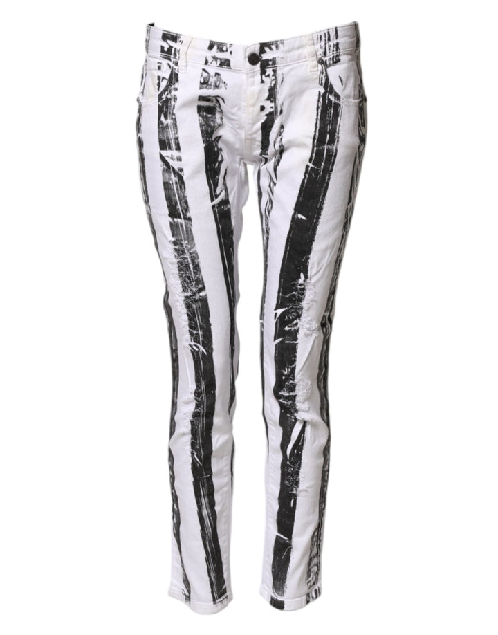 Gaelle Paris Black White Stripes Mid Waist Cropped Capri Jeans - RIMODA