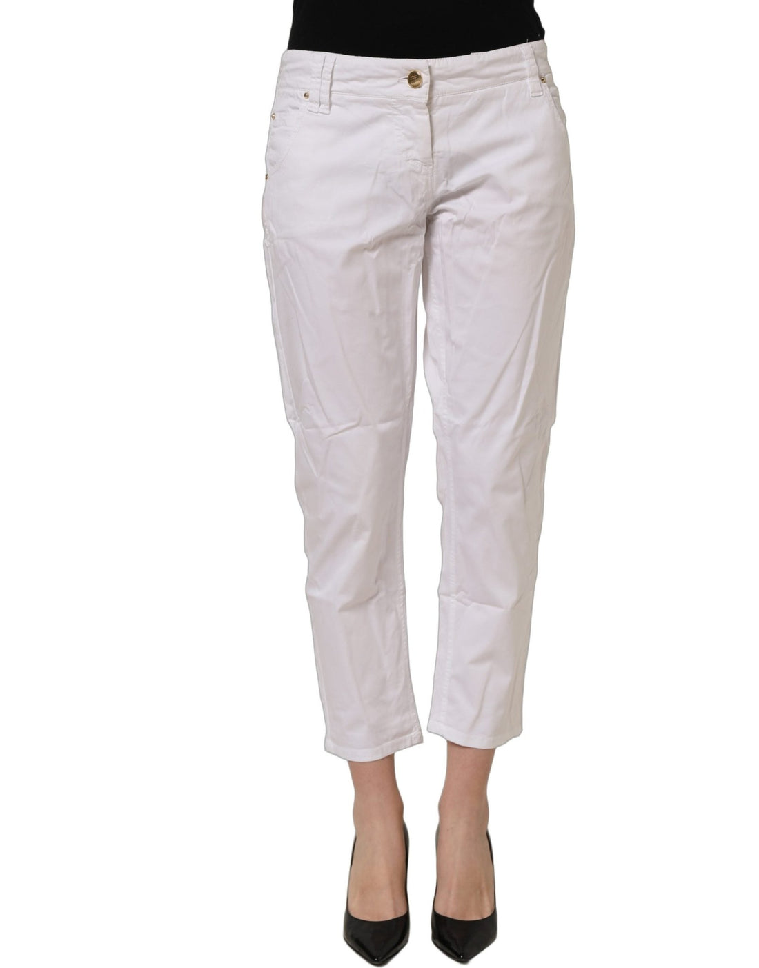 Gaudi White Mid Waist Straight Cropped Cotton Trouser Pants - RIMODA