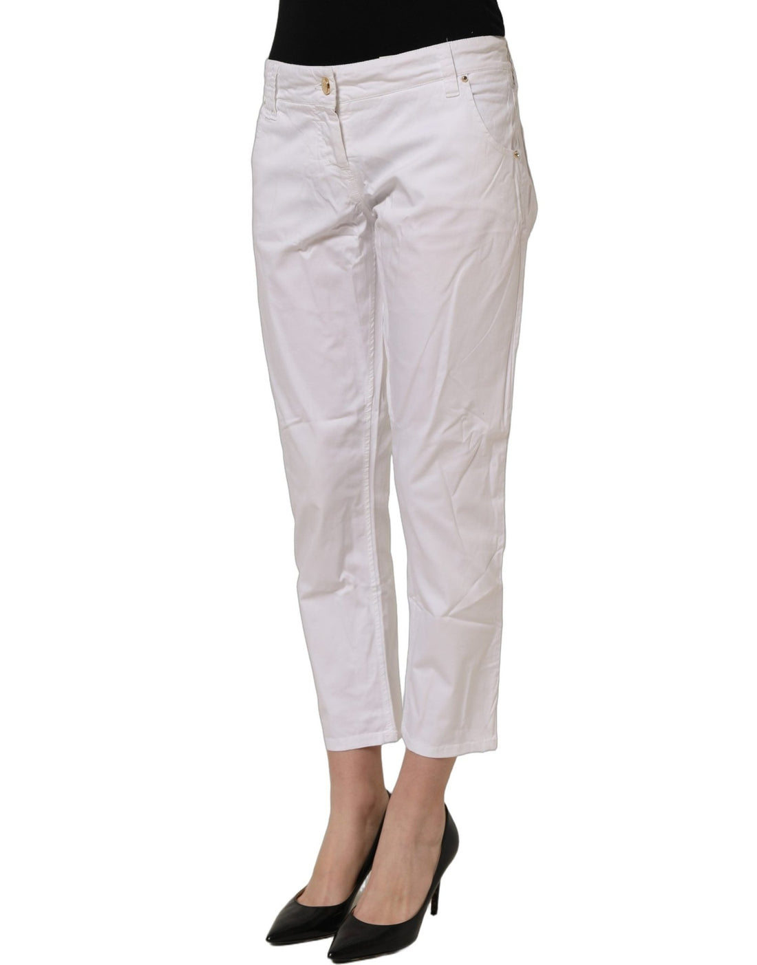 Gaudi White Mid Waist Straight Cropped Cotton Trouser Pants - RIMODA