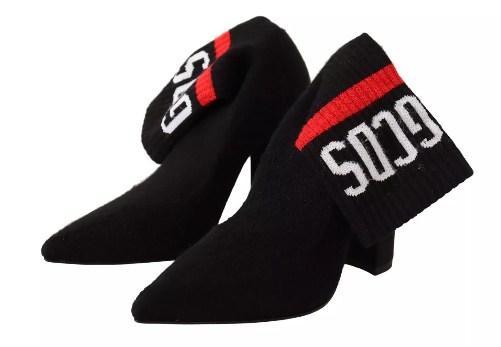 GCDS Black Suede Logo Socks Block Heel Ankle Boots Shoes - RIMODA