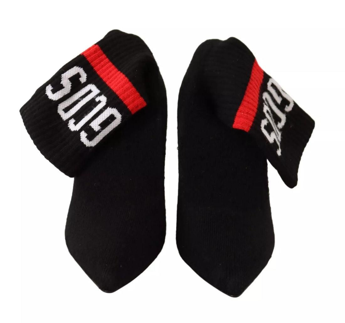 GCDS Black Suede Logo Socks Block Heel Ankle Boots Shoes - RIMODA