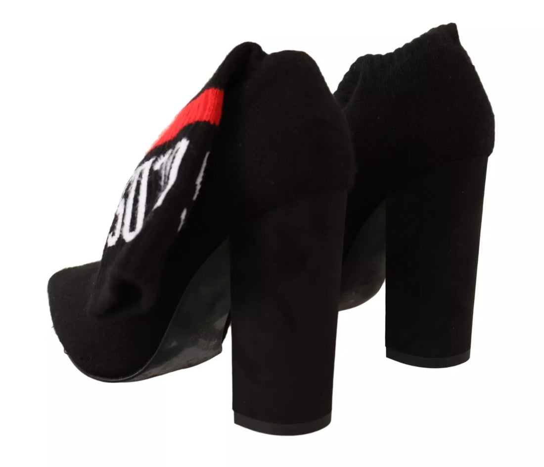 GCDS Black Suede Logo Socks Block Heel Ankle Boots Shoes - RIMODA