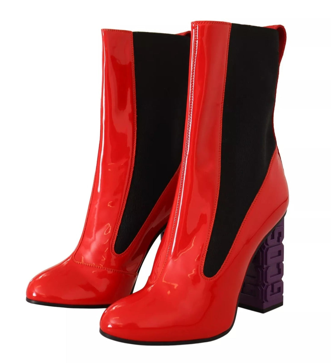 GCDS Red Leather Black Fabric Logo Heel Ankle Boots Shoes - RIMODA