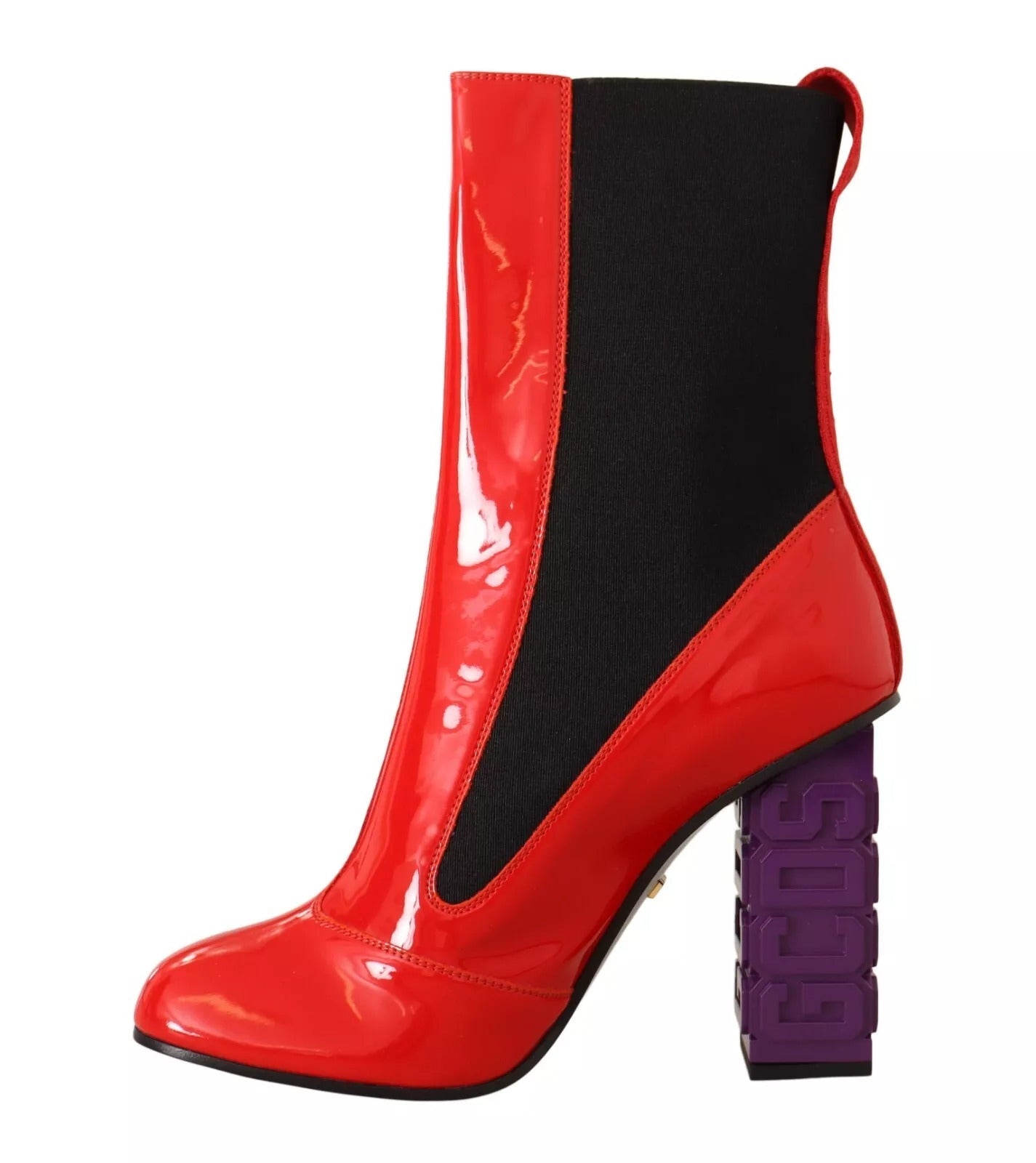 GCDS Red Leather Black Fabric Logo Heel Ankle Boots Shoes - RIMODA