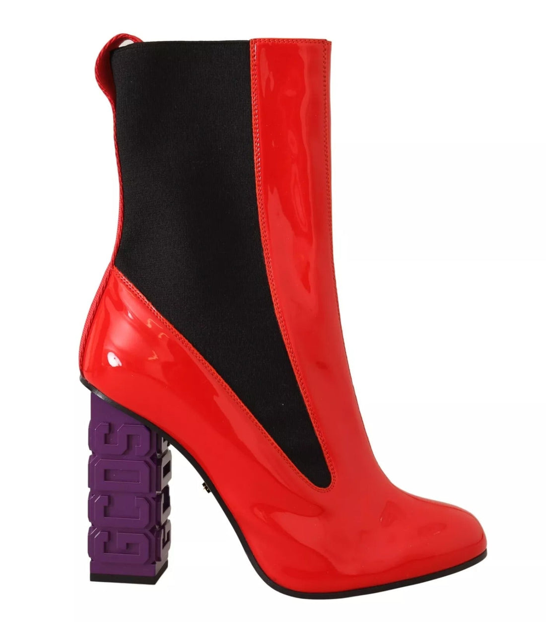 GCDS Red Leather Black Fabric Logo Heel Ankle Boots Shoes - RIMODA