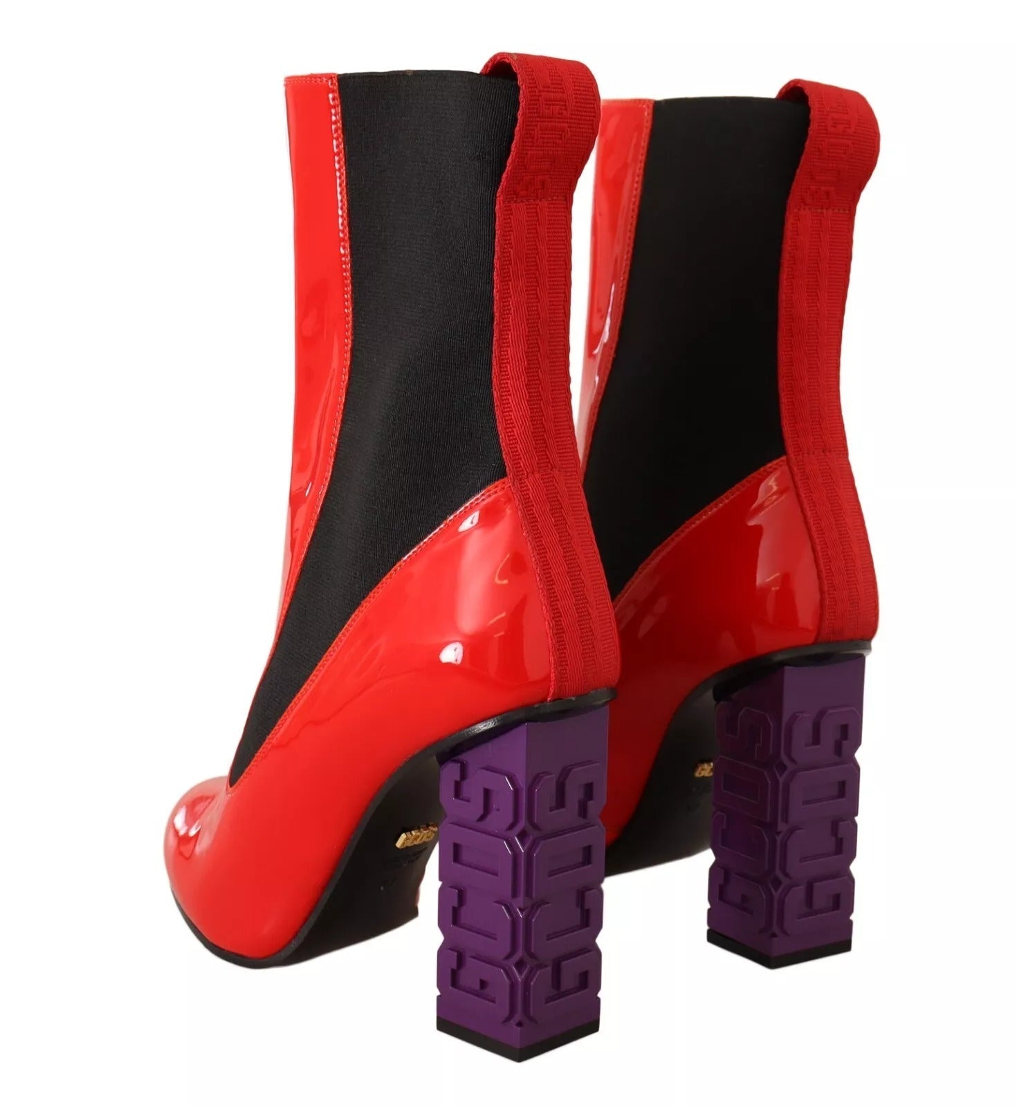 GCDS Red Leather Black Fabric Logo Heel Ankle Boots Shoes - RIMODA