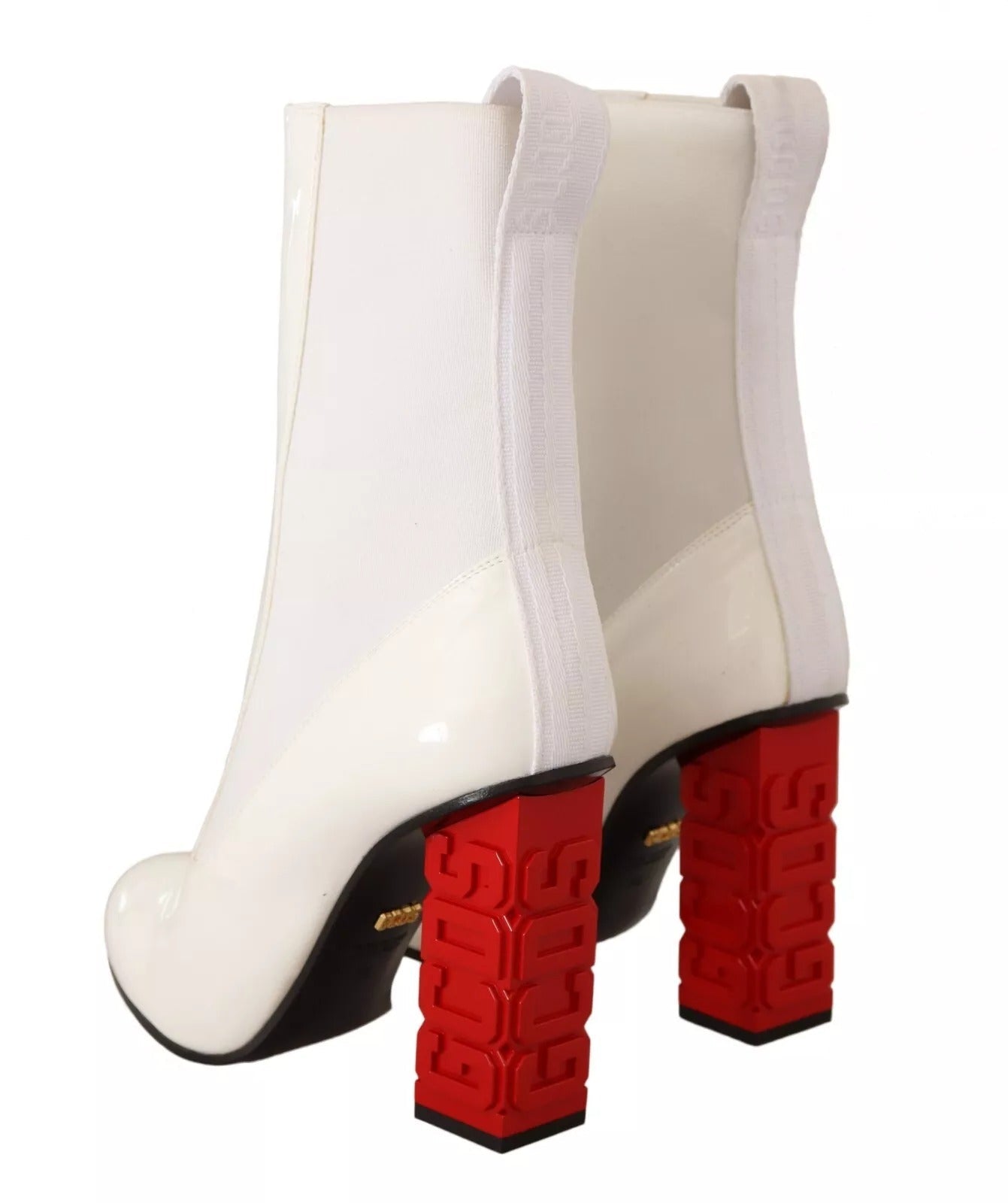 GCDS White Leather Fabric Red Logo Heel Ankle Boots Shoes - RIMODA