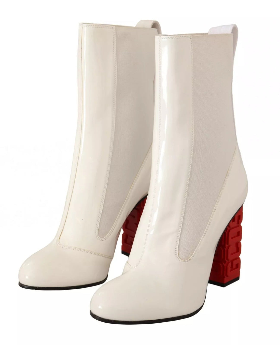 GCDS White Leather Fabric Red Logo Heel Ankle Boots Shoes - RIMODA