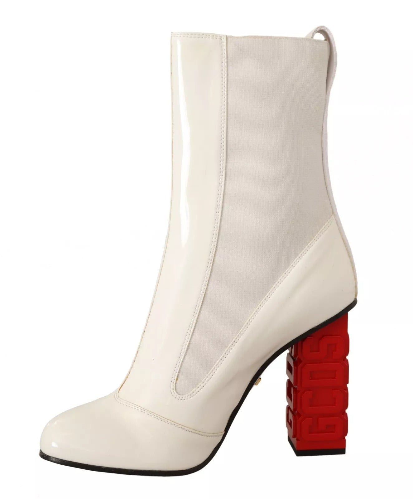 GCDS White Leather Fabric Red Logo Heel Ankle Boots Shoes - RIMODA