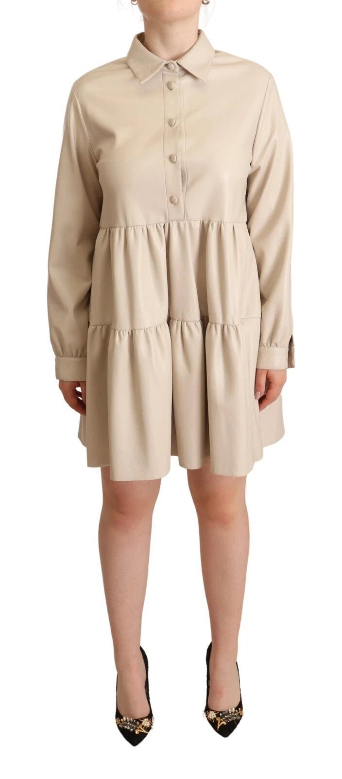 Jucca Leather Beige Long Sleeves Collared A-line Mini Dress - RIMODA