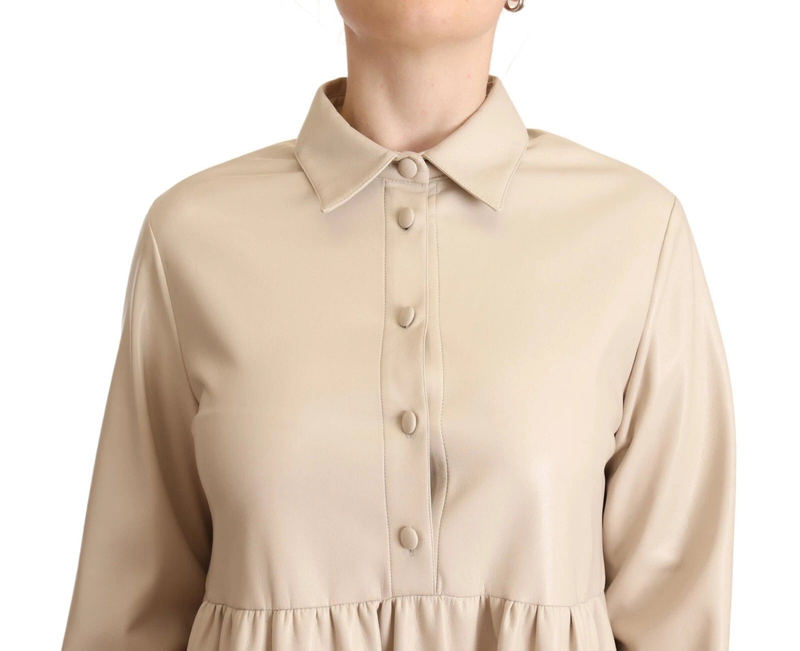 Jucca Leather Beige Long Sleeves Collared A-line Mini Dress - RIMODA