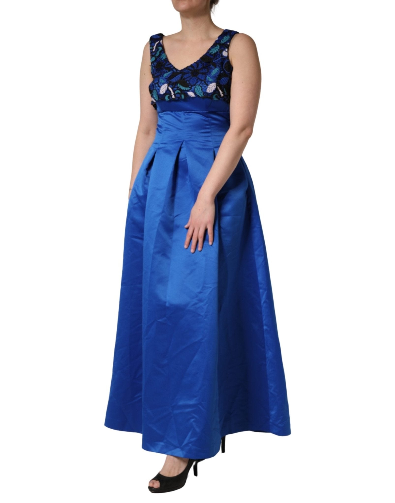 LANACAPRINA Royal Blue Floral Lace Sleeveless Long Gown Dress - RIMODA