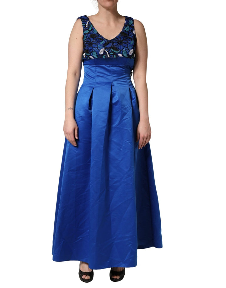 LANACAPRINA Royal Blue Floral Lace Sleeveless Long Gown Dress - RIMODA