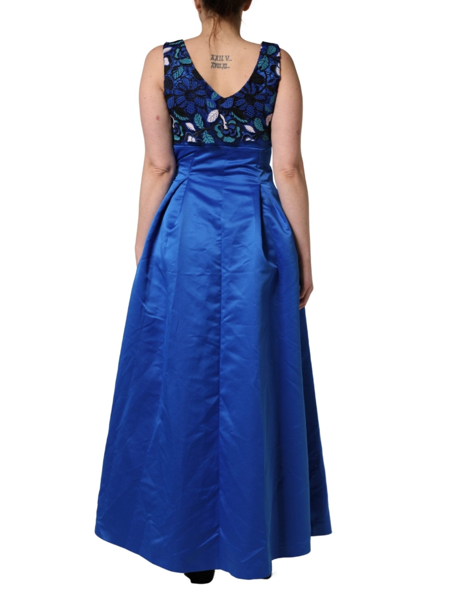 LANACAPRINA Royal Blue Floral Lace Sleeveless Long Gown Dress - RIMODA