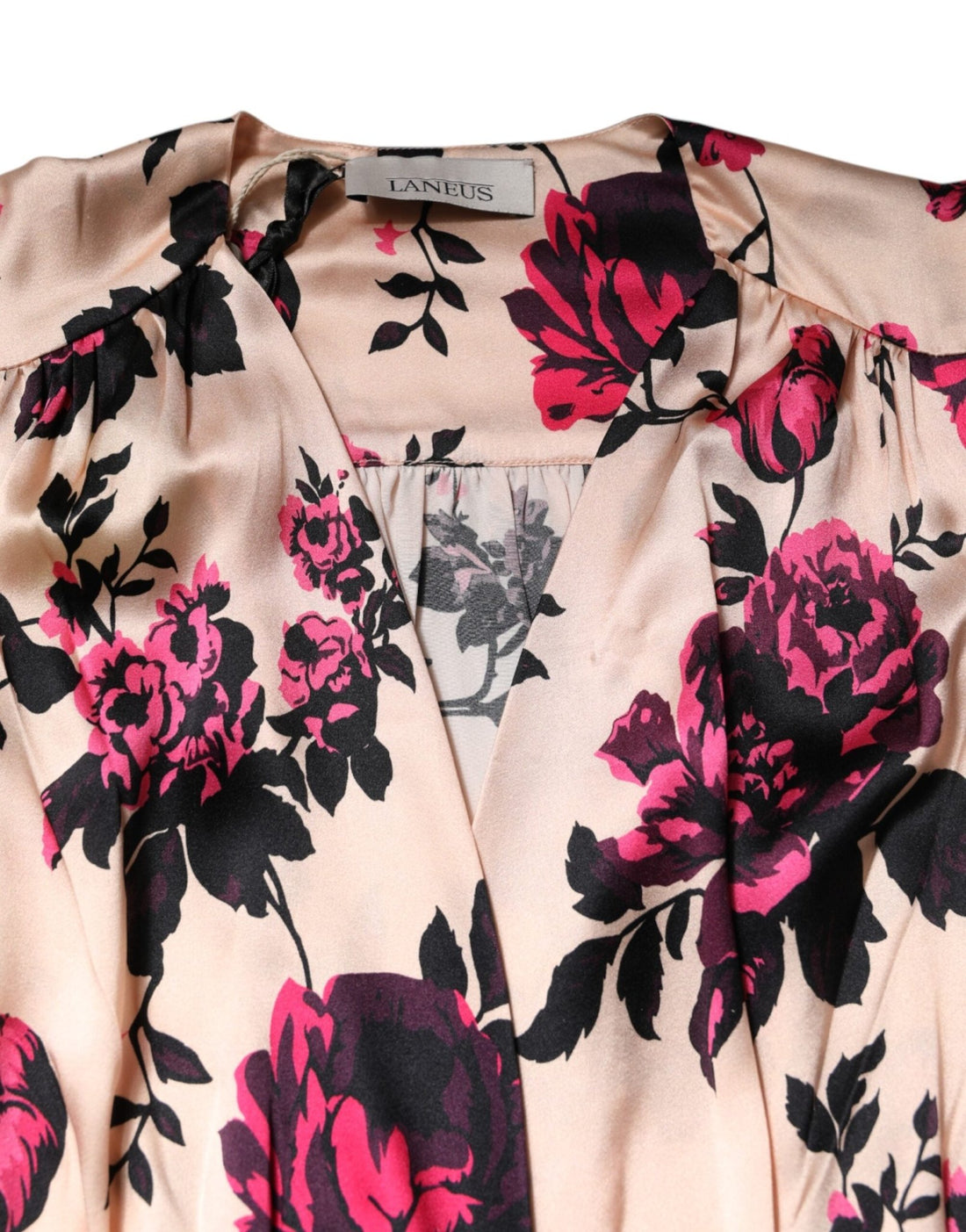 Laneus Pink Floral Silk Long Sleeves V-neck Wrap Mini Dress - RIMODA
