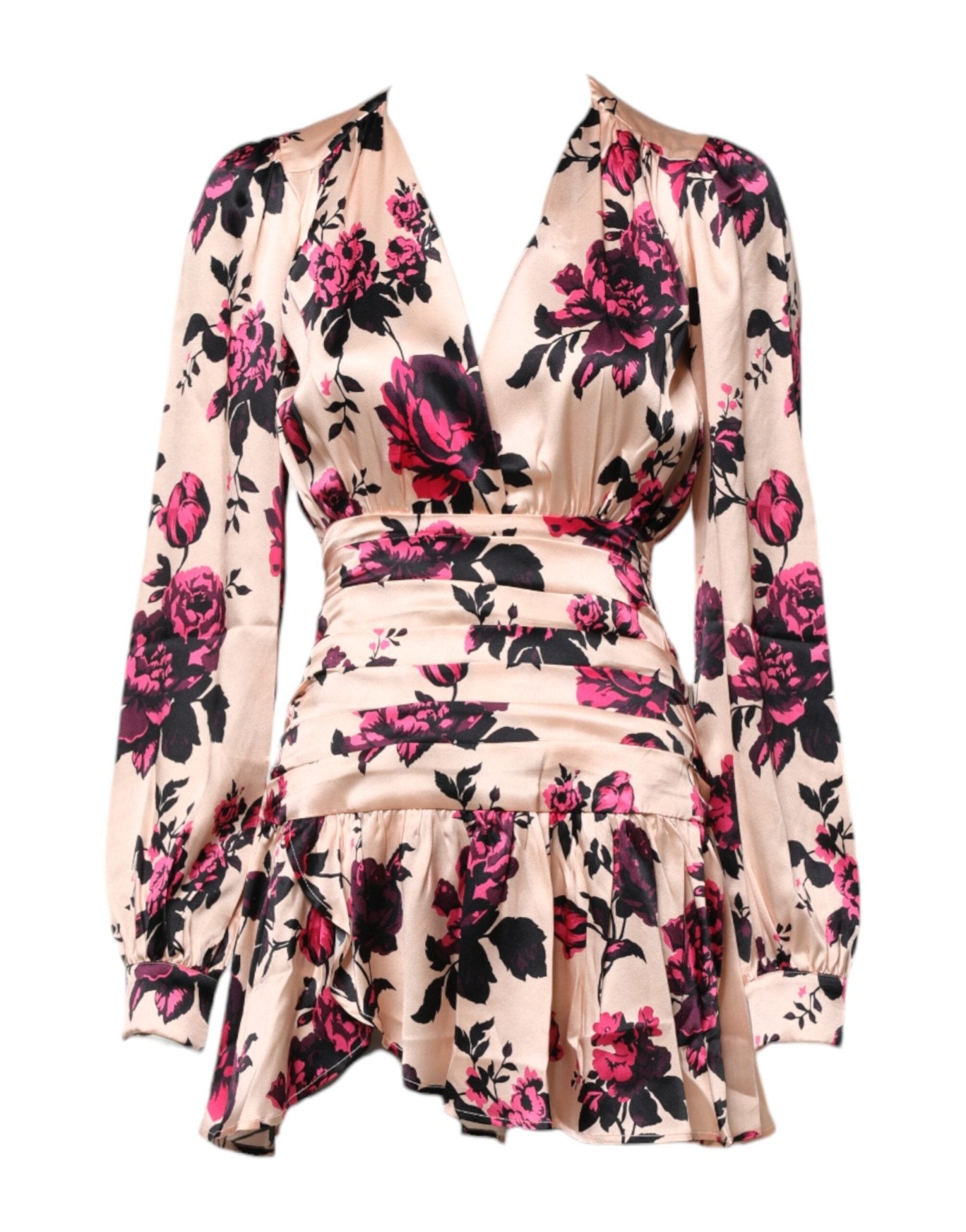 Laneus Pink Floral Silk Long Sleeves V-neck Wrap Mini Dress - RIMODA
