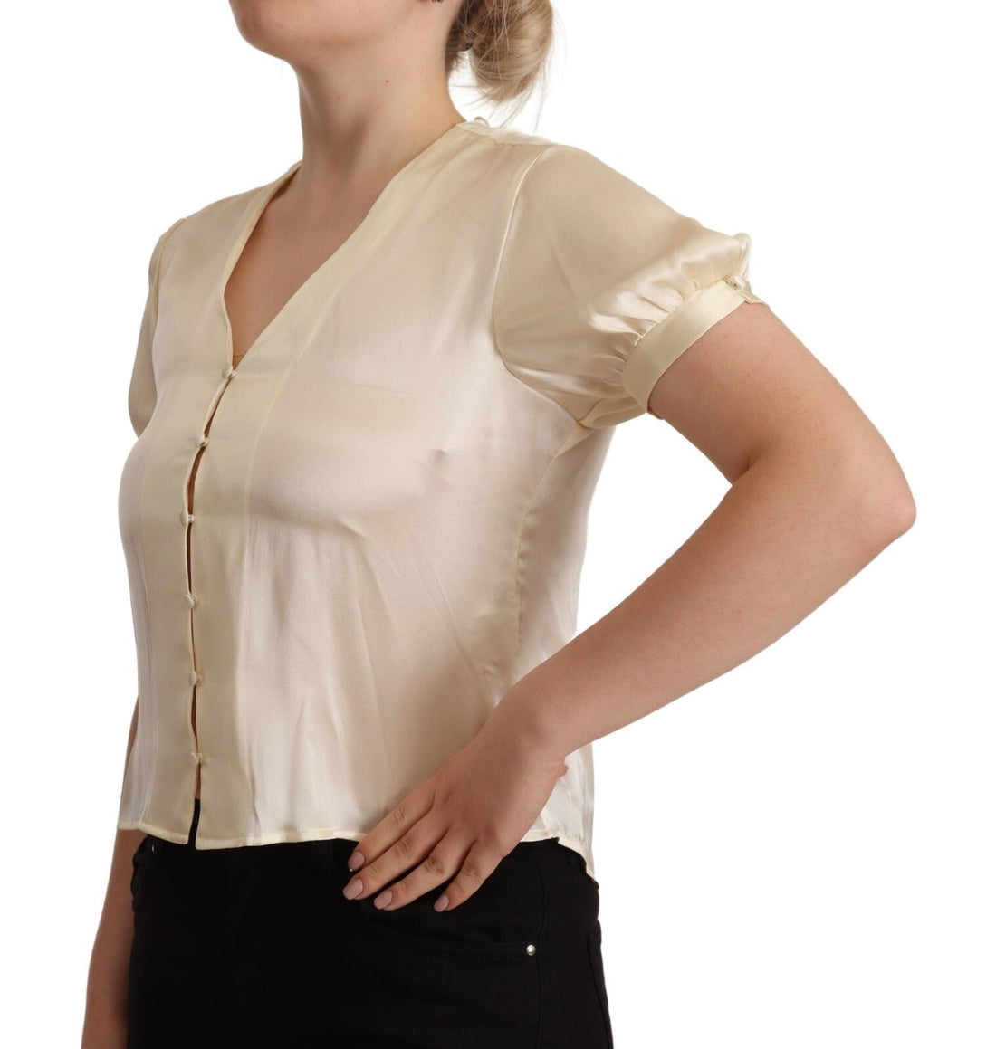 L'Autre Chose Blouse Off White Silk Short Sleeves V-neck Top - RIMODA