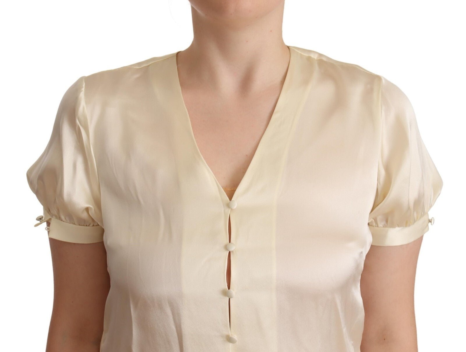 L'Autre Chose Blouse Off White Silk Short Sleeves V-neck Top - RIMODA