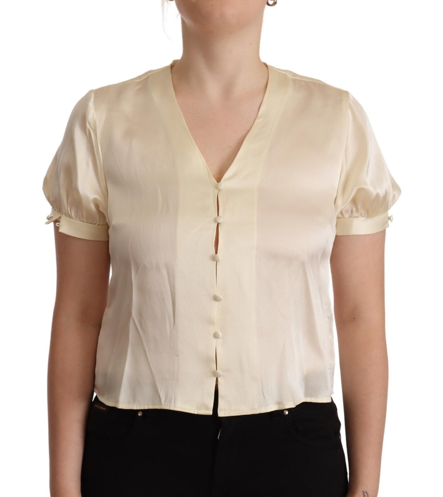 L'Autre Chose Blouse Off White Silk Short Sleeves V-neck Top - RIMODA