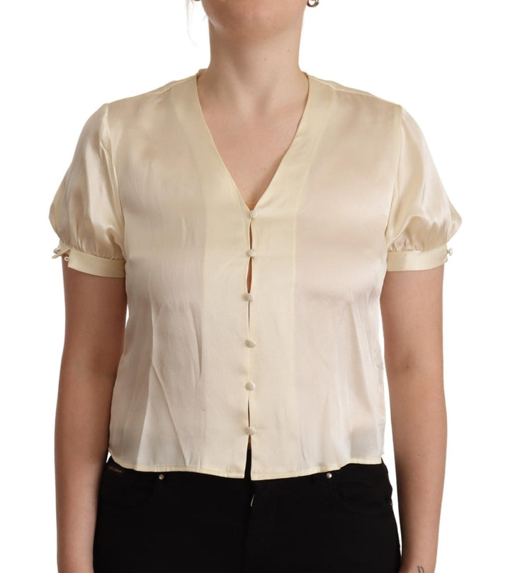 L'Autre Chose Blouse Off White Silk Short Sleeves V-neck Top - RIMODA
