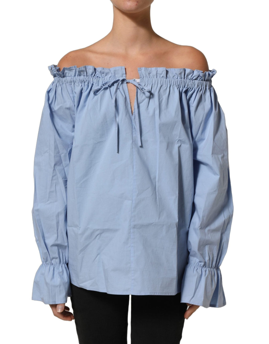 L'Autre Chose Light Blue Cotton Off Shoulder Long Sleeves Top - RIMODA