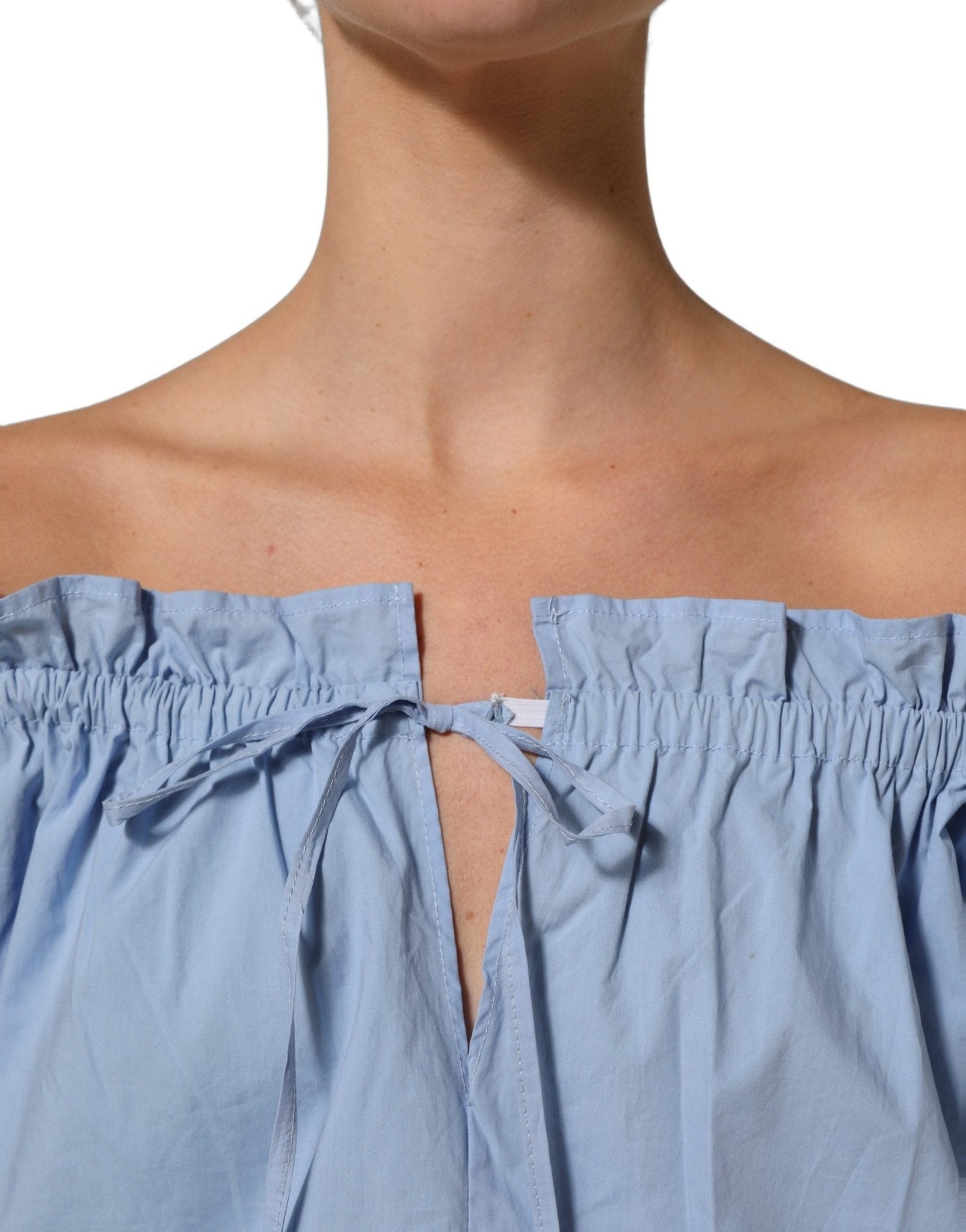 L'Autre Chose Light Blue Cotton Off Shoulder Long Sleeves Top - RIMODA