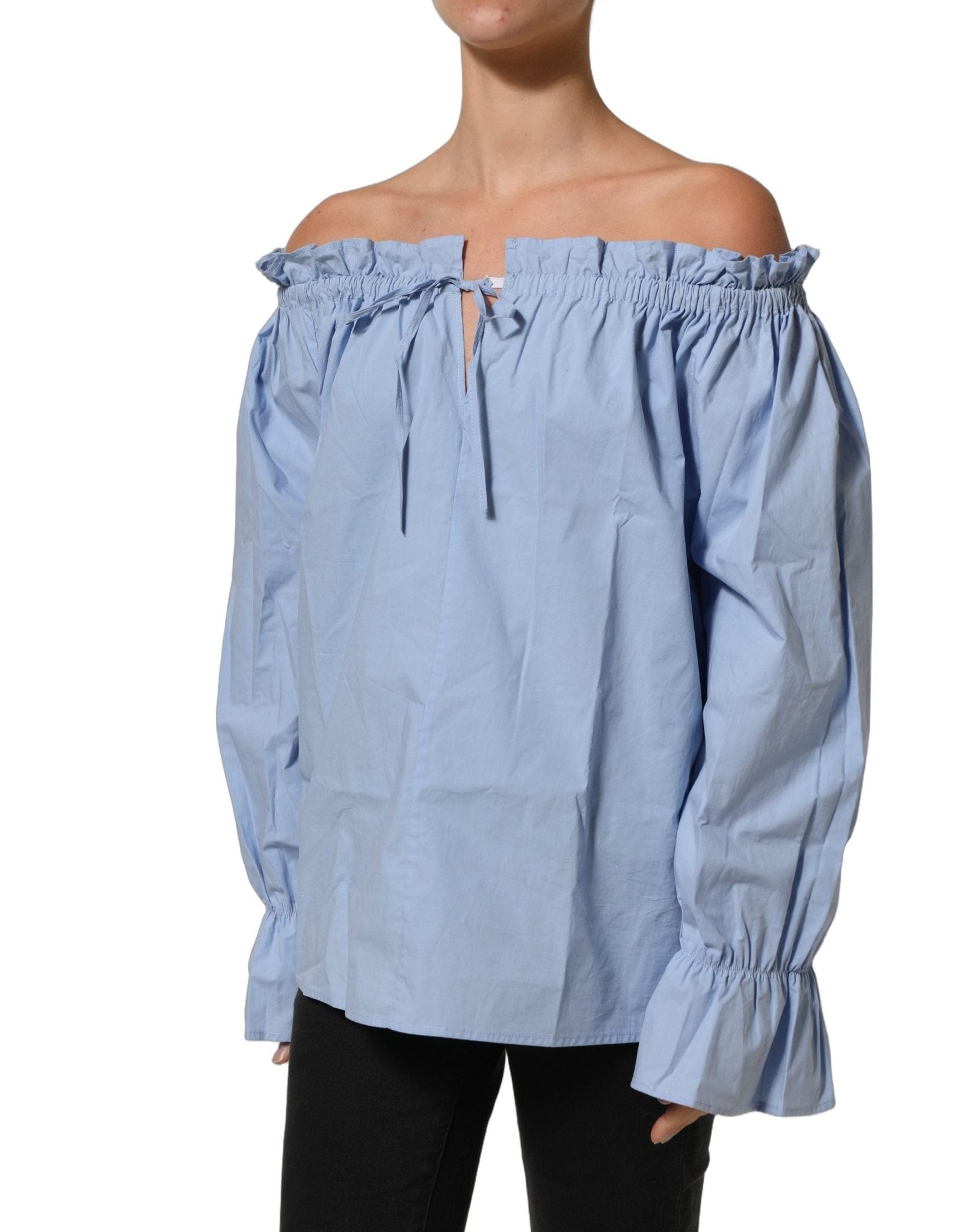 L'Autre Chose Light Blue Cotton Off Shoulder Long Sleeves Top - RIMODA