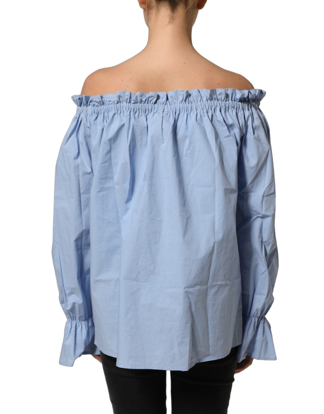 L'Autre Chose Light Blue Cotton Off Shoulder Long Sleeves Top - RIMODA
