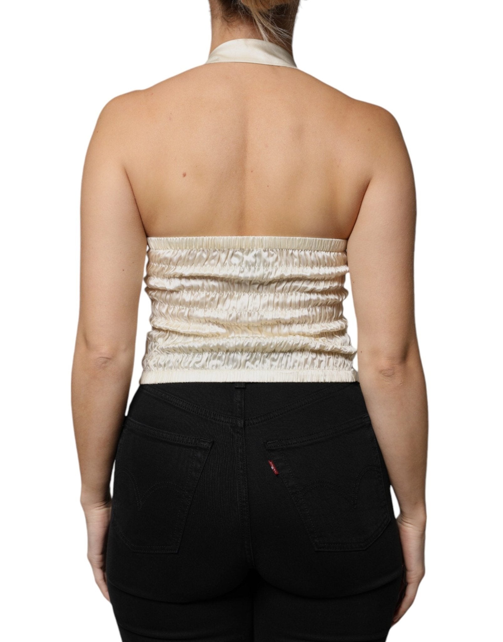 L'Autre Chose Off White Silk Sleeveless Buttoned Halter Top - RIMODA