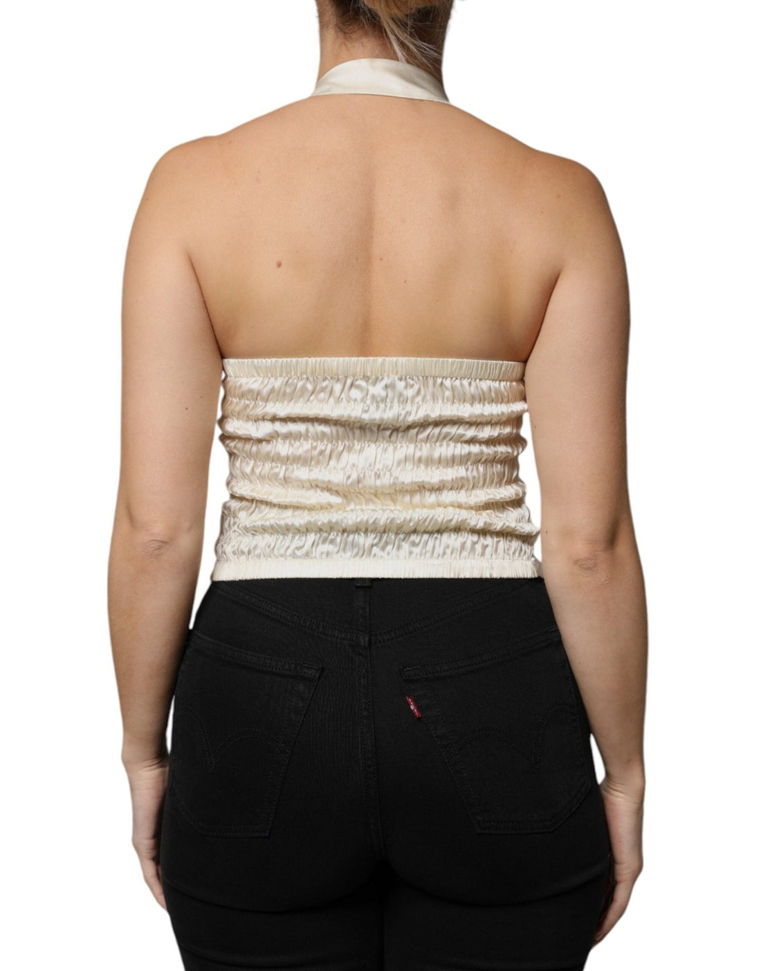 L'Autre Chose Off White Silk Sleeveless Buttoned Halter Top - RIMODA