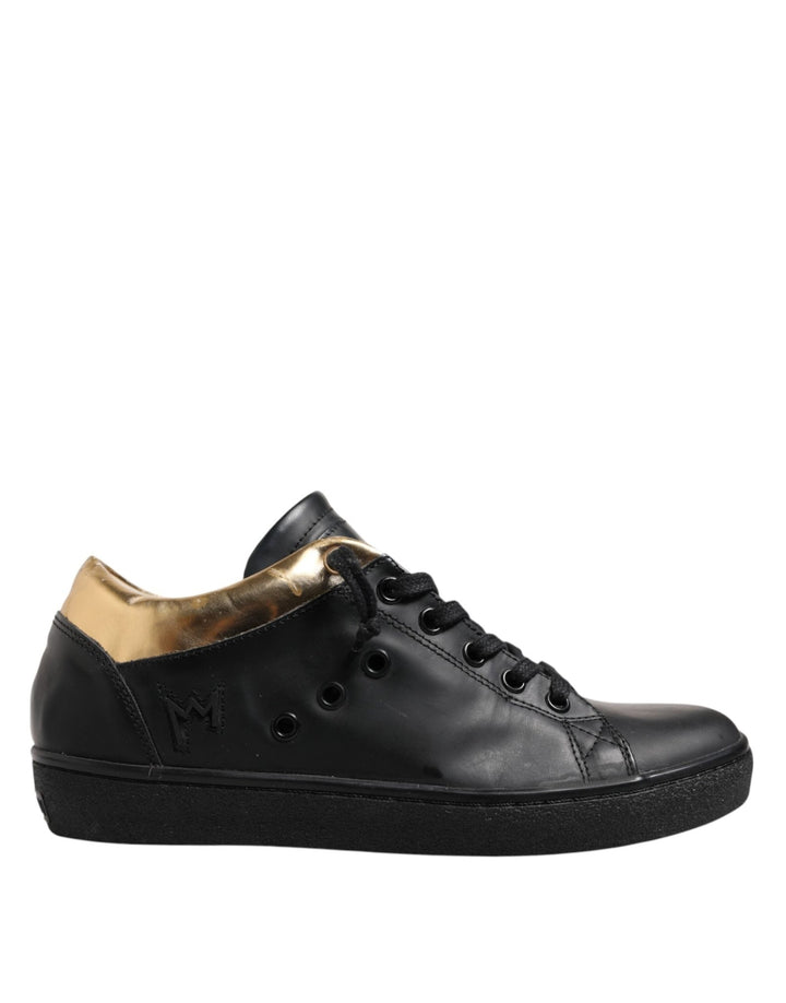 Leather Crown Black Gold Lace Up Low Top Women Sneakers Shoes - RIMODA